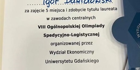 Wielki sukces ucznia klasy 5L w VIII Ogólnopolskiej Olimpiadzie Spedycyjno-Logistycznej.